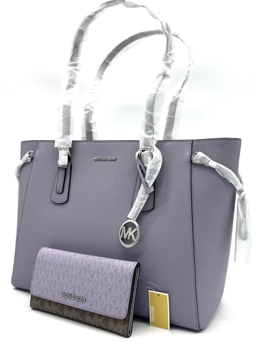 Michael Kors Voyager Large Leather Tote Bag w Matching Trifold Wallet - Lilac